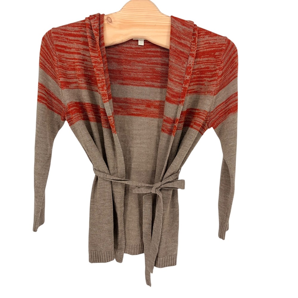 New York & Company Cardigan XL Taupe Orange Striped Hooded Belted Open Front